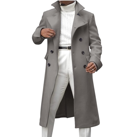 Grey Lapel Double Breasted Long Trench Coat Casual Cotton Blend - Main Image